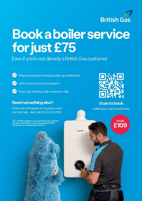 Advertisement for British Gas offering boiler service for £75, with a photo of a technician and a person in a furry costume, QR code, and price comparison.