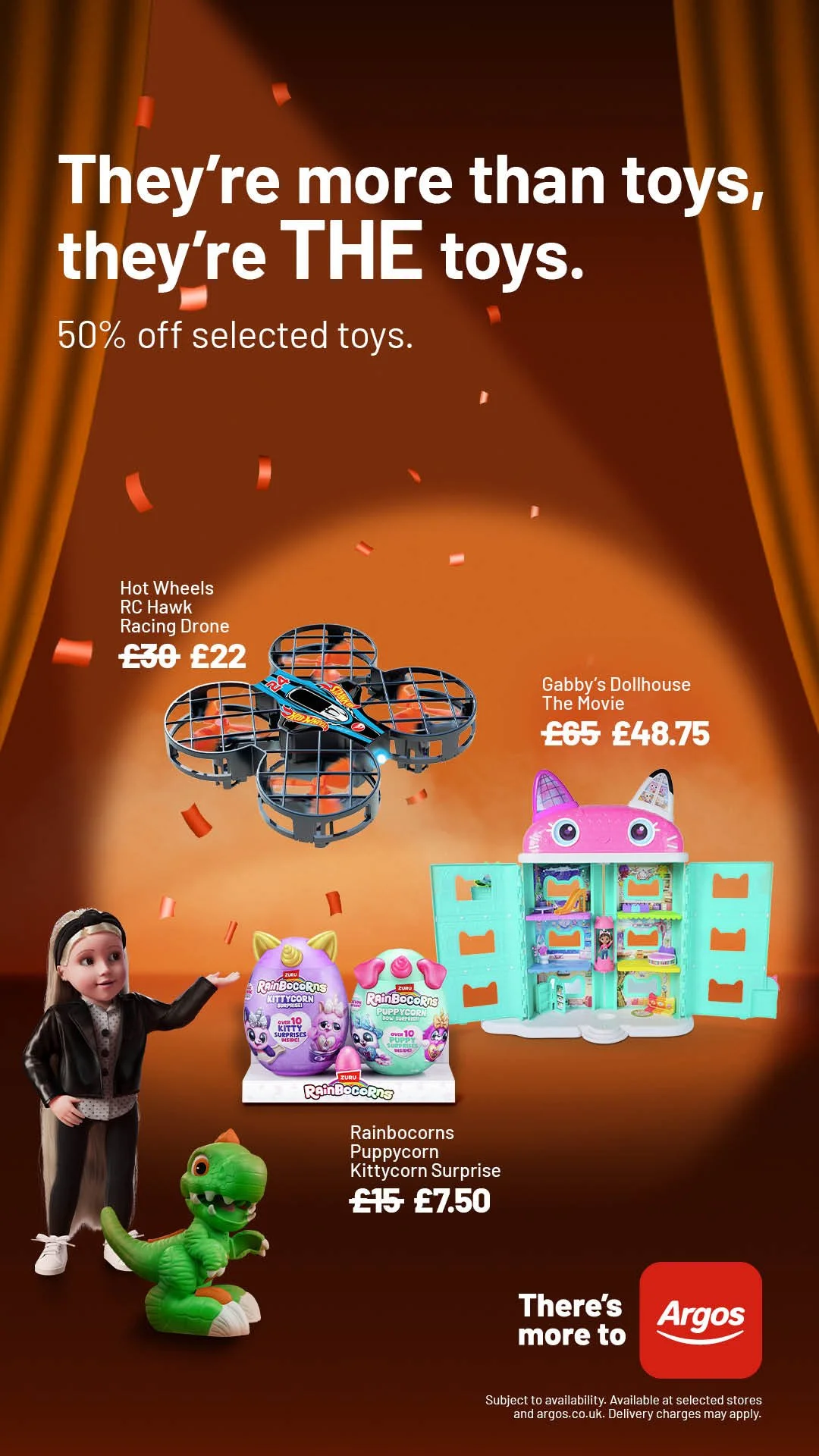 Advertisement for toy sale at Argos featuring discounted RC drone, dollhouse, and surprise eggs, with a woman and animated dinosaur.