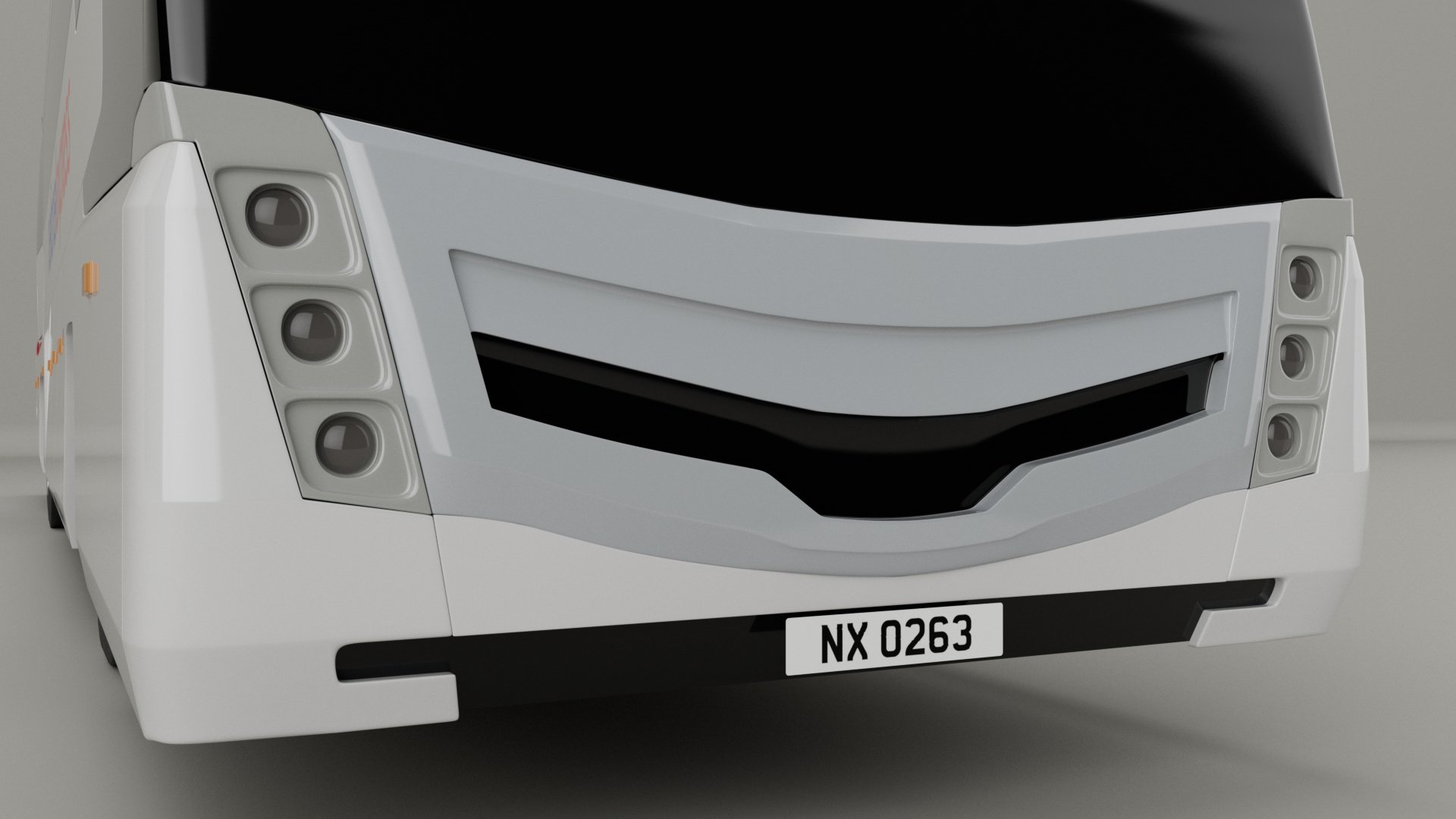 Front view of a white bus with a black windshield and multiple headlight clusters, with a license plate reading NX 0263.