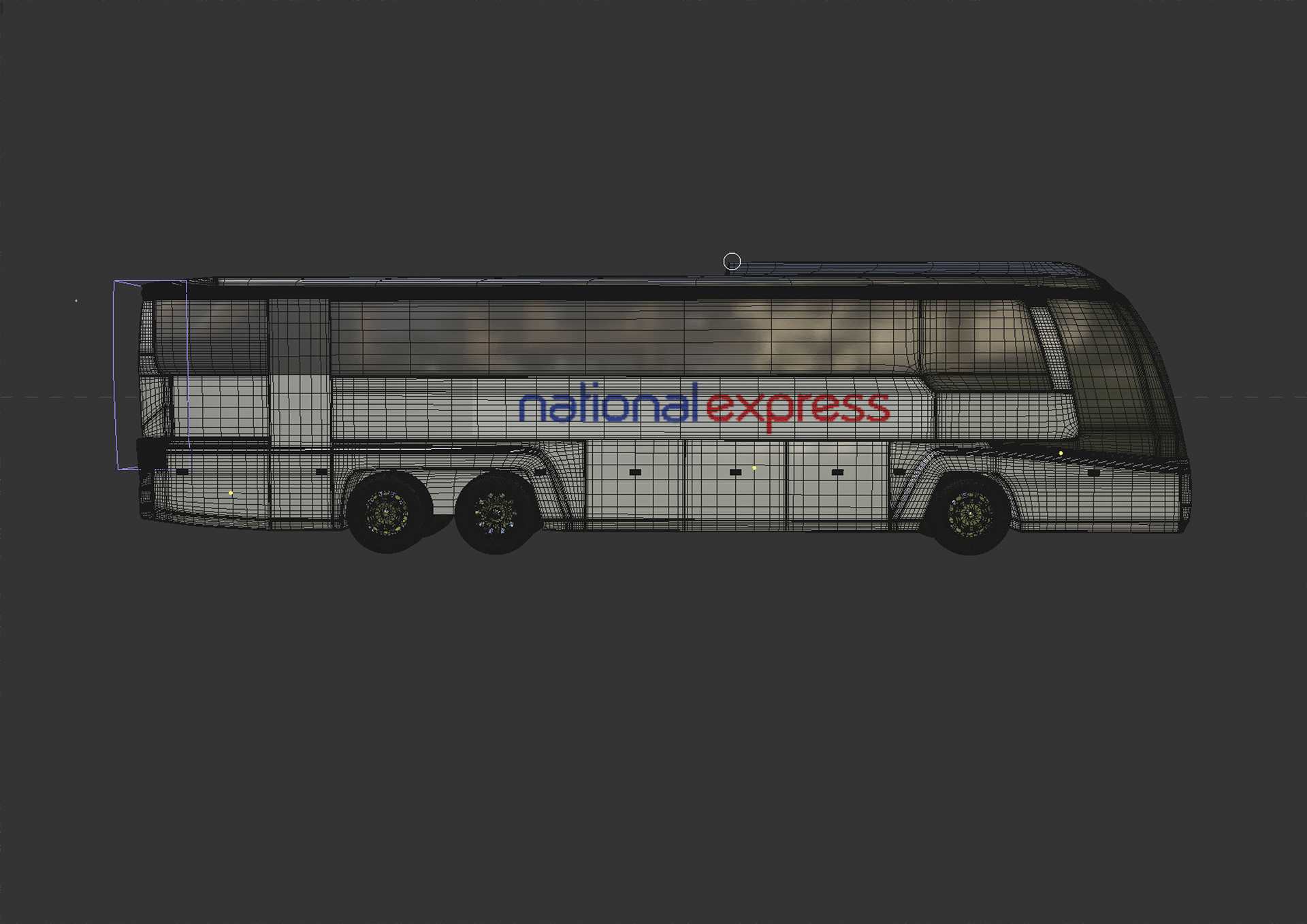 Wireframe model of a bus with the 'national express' logo on the side, depicted in a 3D rendering view.