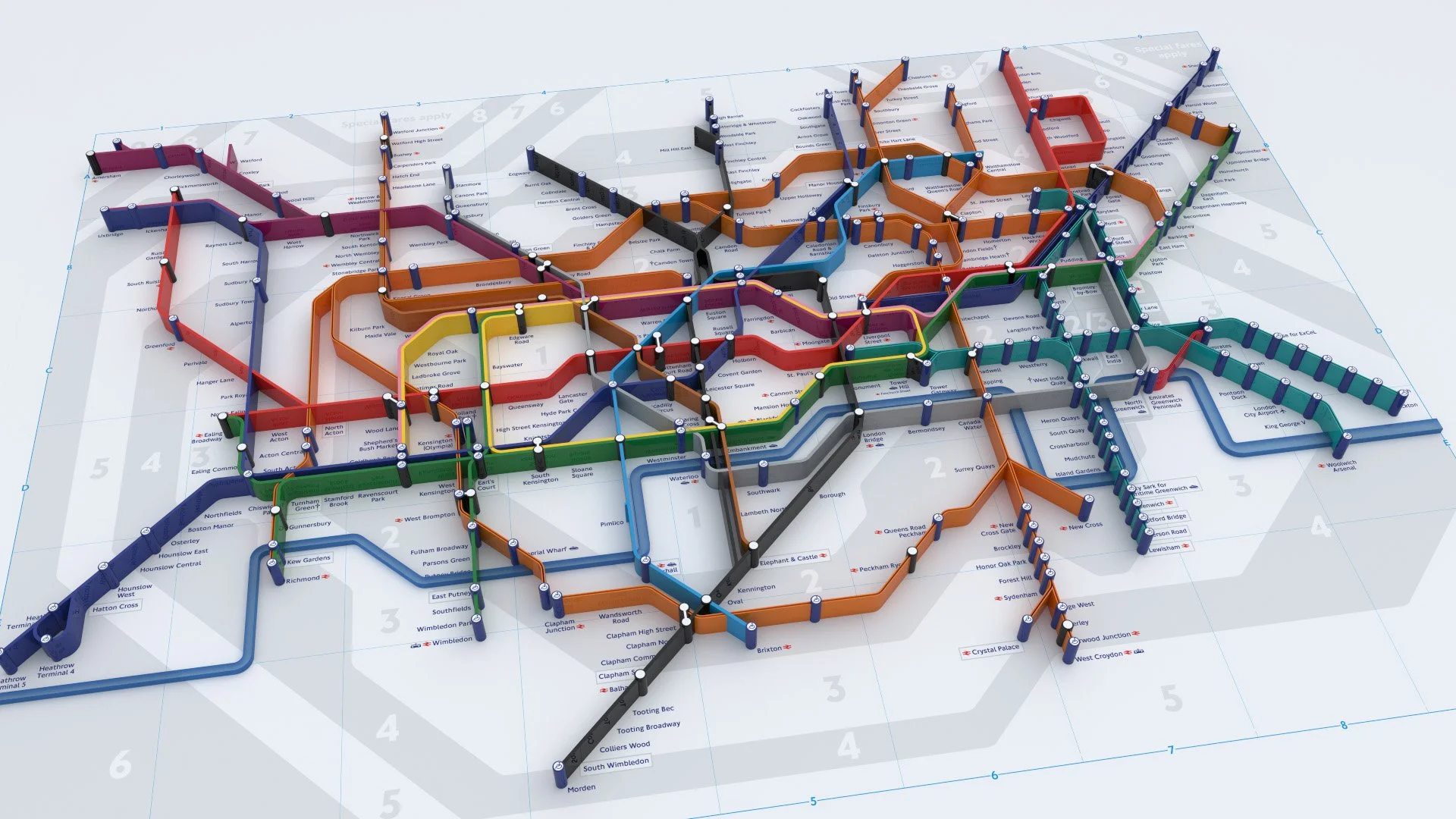 3D illustration of a map of the London Underground transit system with colored lines and station names.