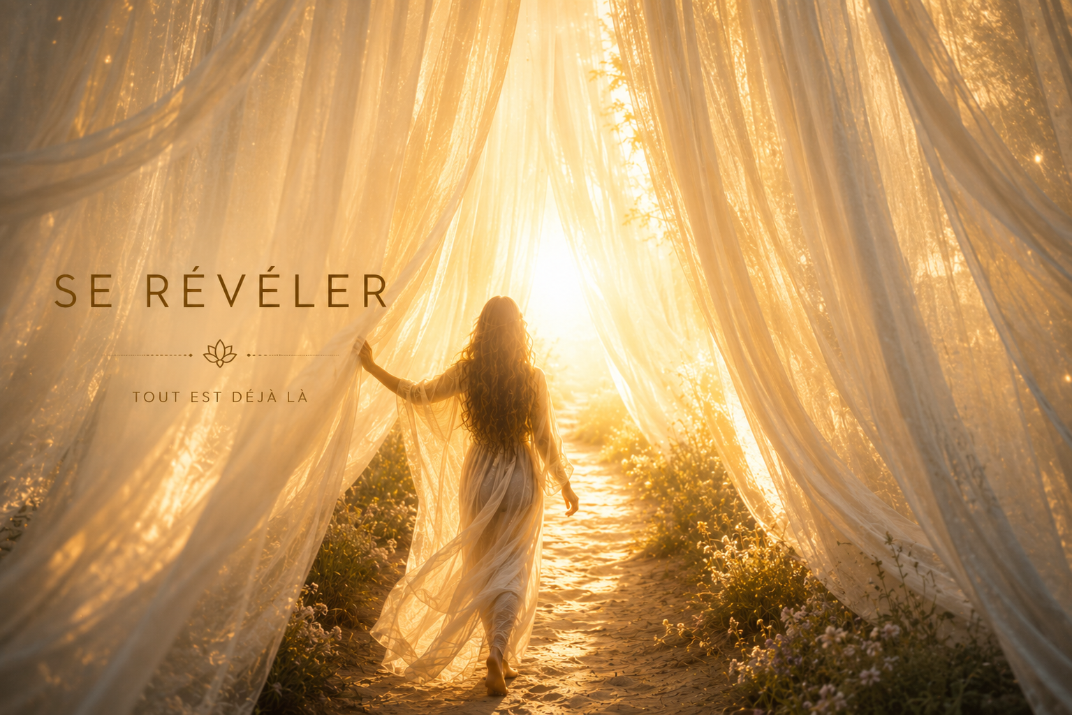 Une femme marche à travers des voiles, sur un chemin vers une lumière dorée de coucher de soleil, entourée de fleurs. Texte en français : 'Se révéler', 'Tout est déjà là'.