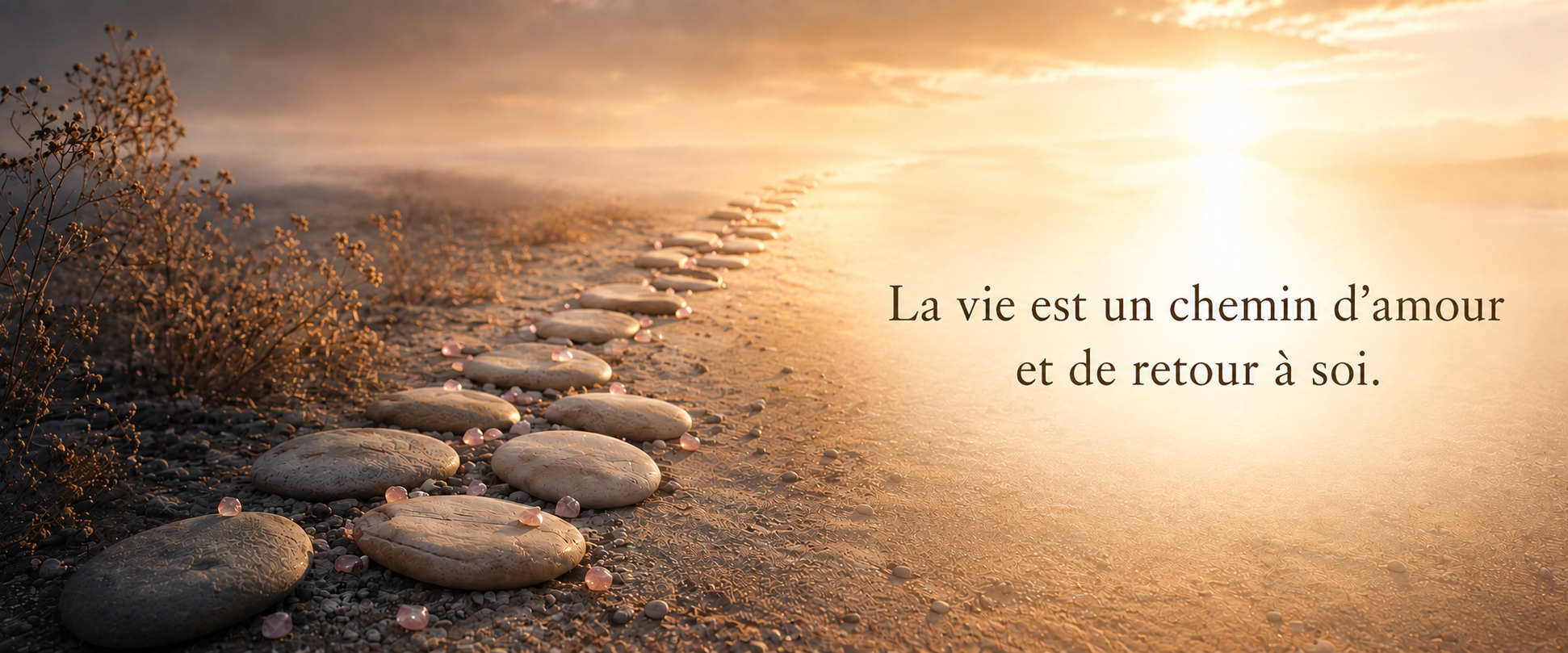 Chemin de galets et de fleurs sur une plage au coucher du soleil, avec une citation en français : 'La vie est un chemin d’amour et de retour à soi.'