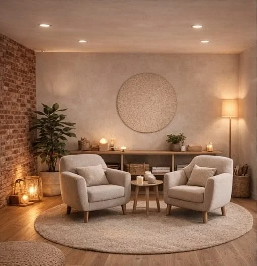 Salon cosy avec deux fauteuils en tissu beige, une table basse, un tapis rond, une étagère avec des livres, plantes et lampes, une grande plante verte à gauche et un lampadaire à droite
