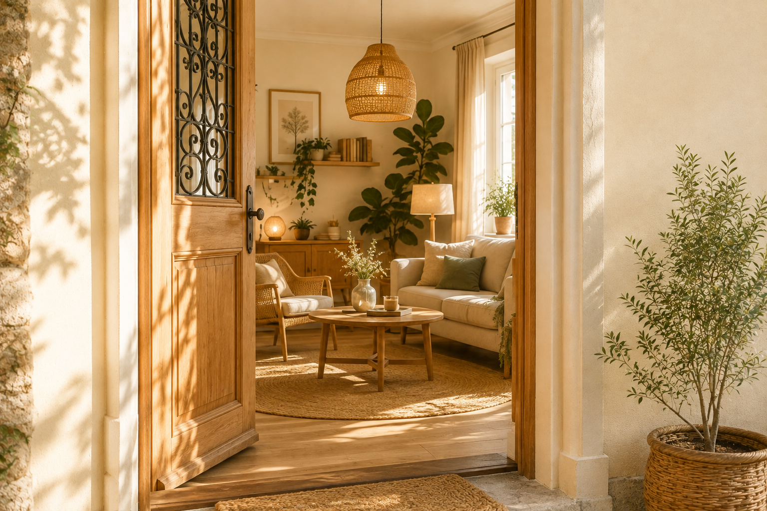 Salon lumineux avec canapé beige, lampe de chevet, plantes vertes, table basse en bois, et décoration naturelle.