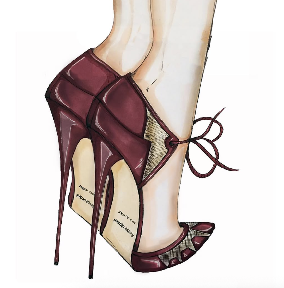 Illustration of a high-heeled shoe with lace-up design and a transparent lattice section, featuring a fashionable burgundy color.