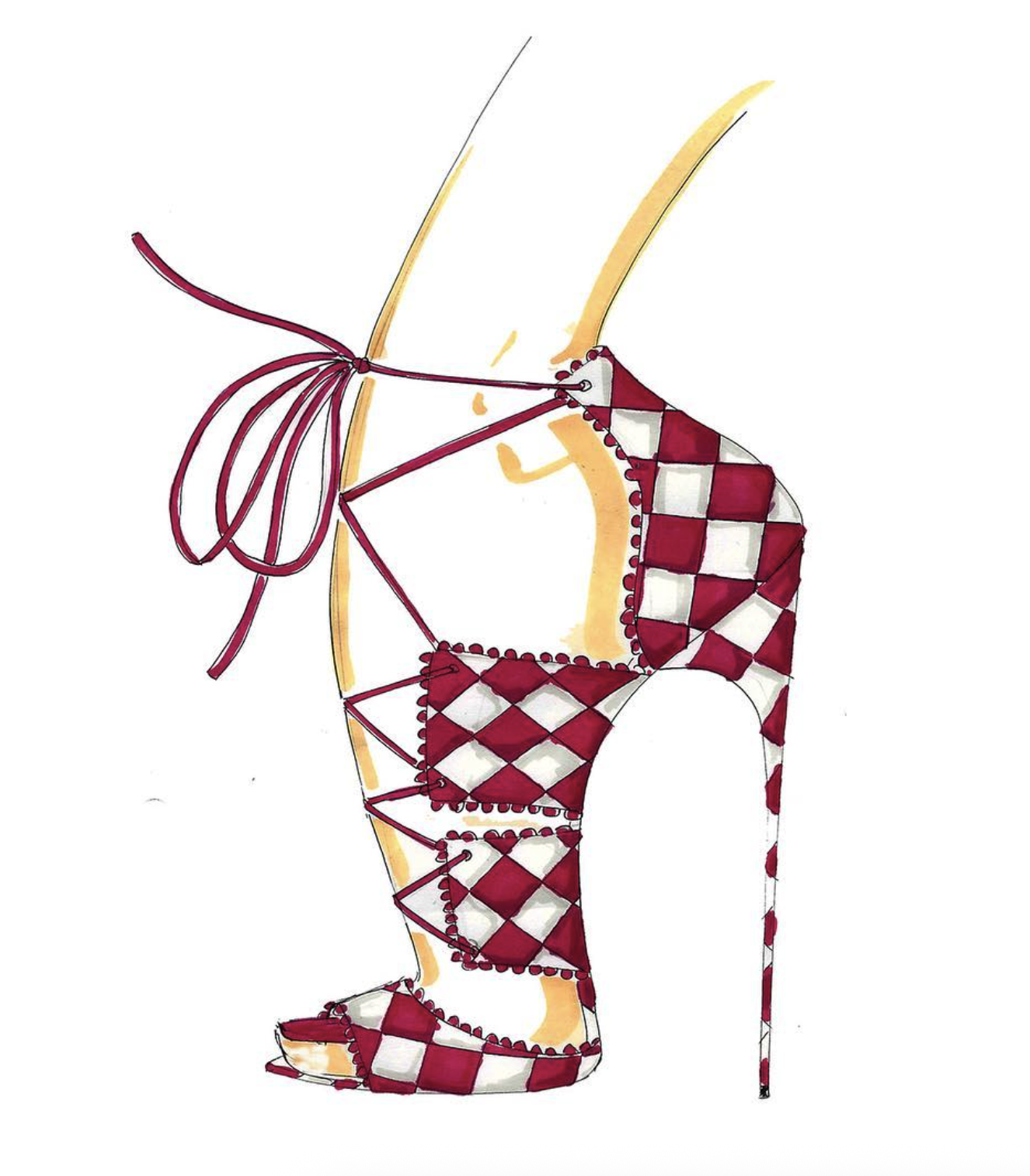 Watercolor illustration of a high-heeled stiletto shoe with a red and white checkered pattern, laced with red ribbons, positioned against a white background.