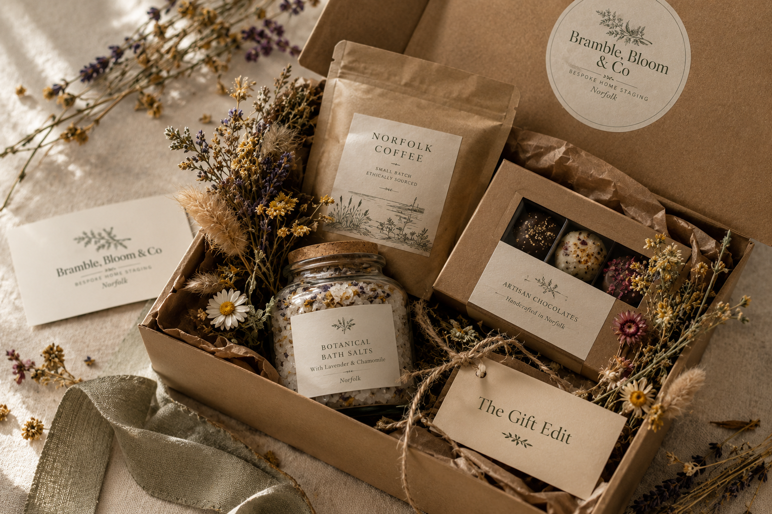 A gift box containing artisanal chocolates, herbal bath salts, Norfolk coffee, and a card labeled 'The Gift Edit,' decorated with dried flowers, and placed on a linen surface.