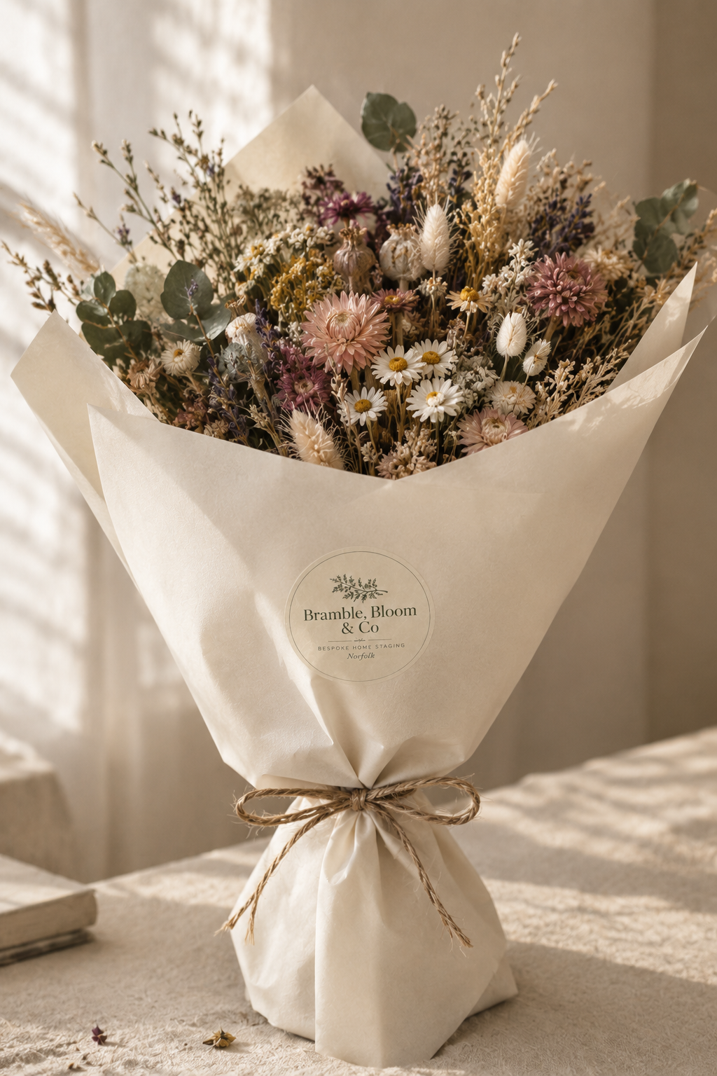 A bouquet of dried flowers wrapped in white paper with a label reading 'Bramble, Bloom & Co,' tied with a twine bow, on a light-colored surface with sunlight streaming through a window.