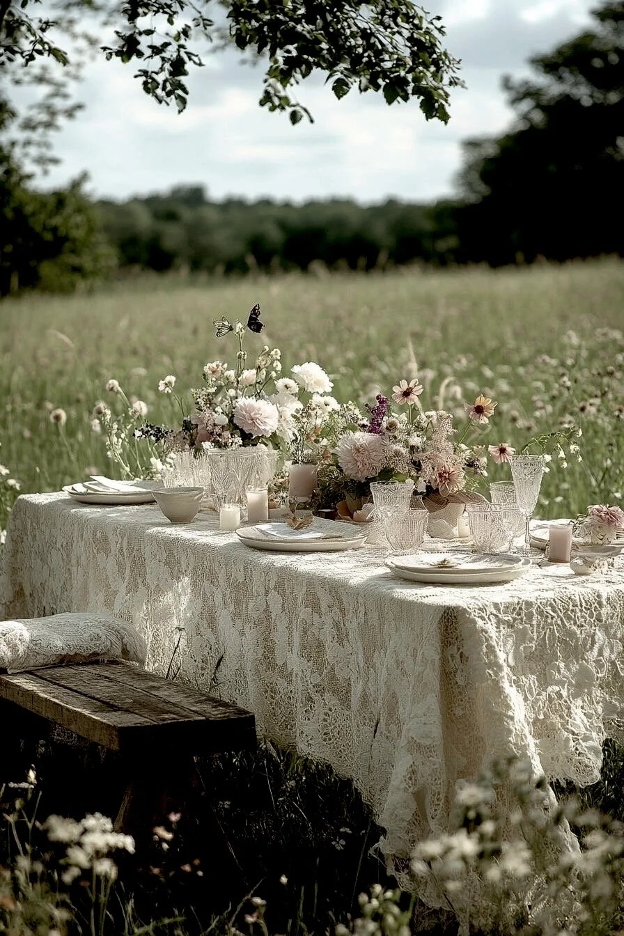 Outdoor table set for a meal with floral centerpieces and dishes, surrounded by a grassy field and trees in the background.