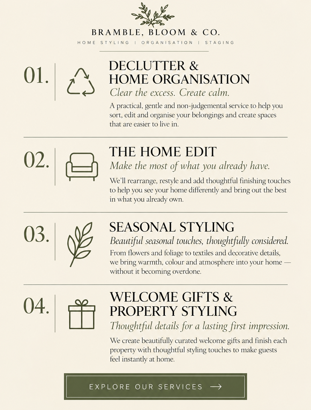 Service menu for Bramble, Bloom & Co., featuring four styling and organization services with icons: recycling symbol for decluttering, sofa for home edit, leaves for seasonal styling, and gift box for welcome gifts and property styling.