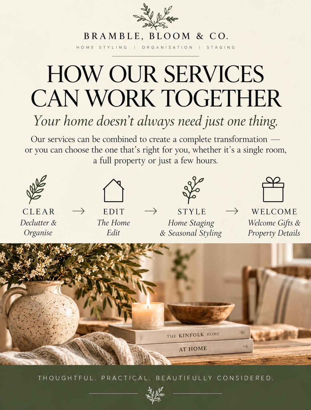A marketing poster for Bramble, Bloom & Co., home staging and organization services. The poster features a decorative botanical design at the top, large bold text about their services, and smaller text explaining how their services work. The bottom half shows a cozy interior scene with a table, a large speckled vase with greenery, a lit candle, and stacked books, with a soft, warm ambiance.