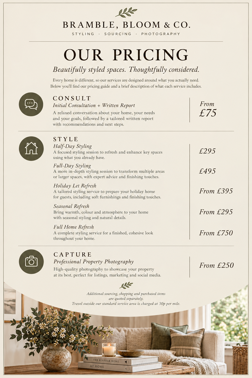 Bramble, Bloom & Co price list for home staging, styling, decluttering, organisation and property refresh services in North Norfolk.