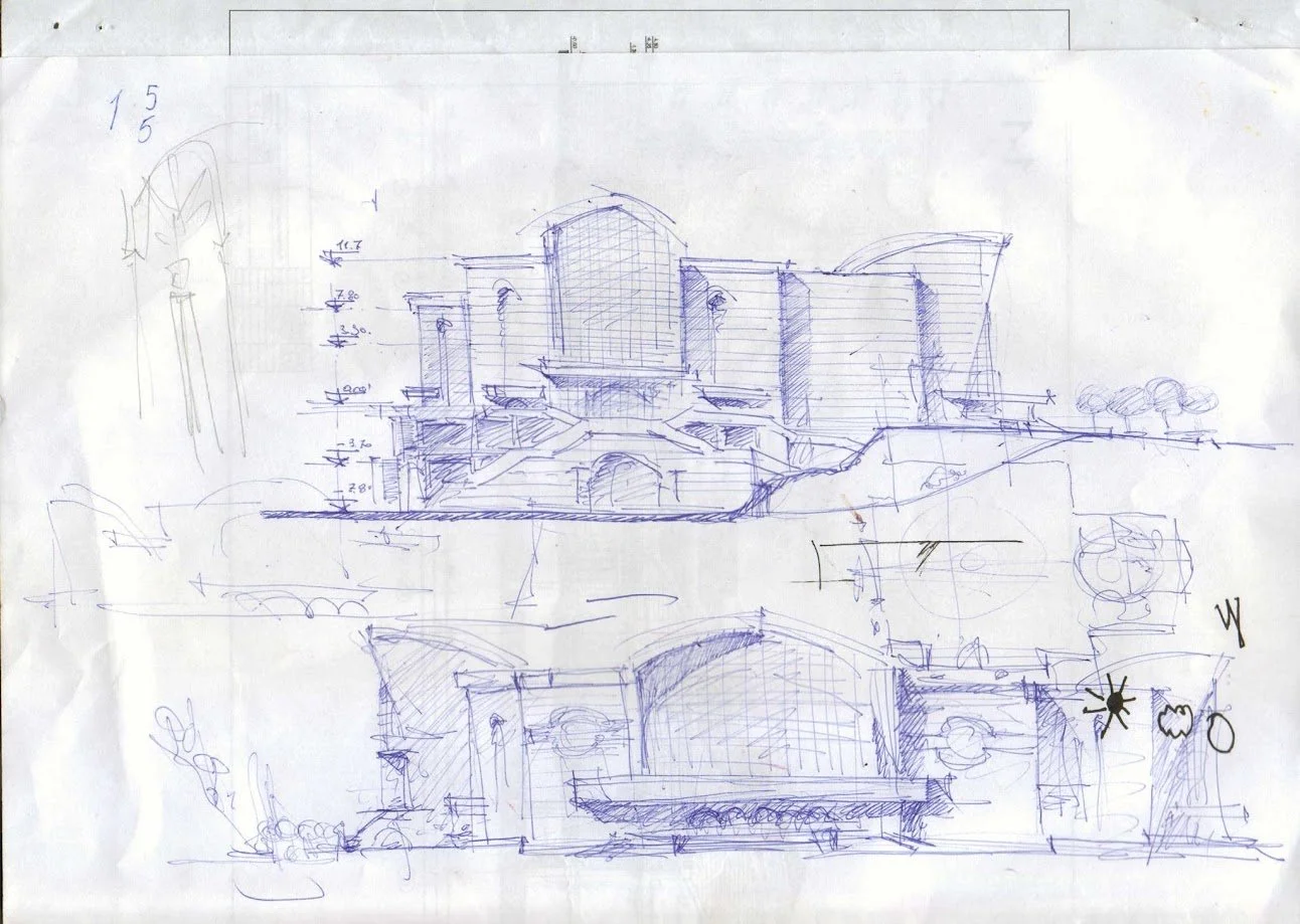Hand-drawn architectural sketch of a building with arches and curved roof.