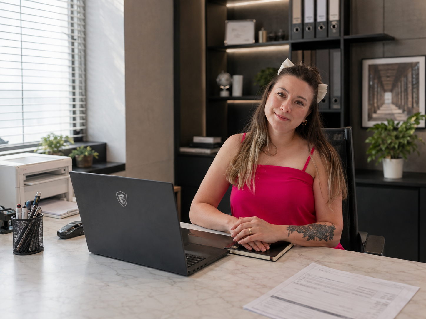 Woman seated at an office desk with a laptop and notebook.