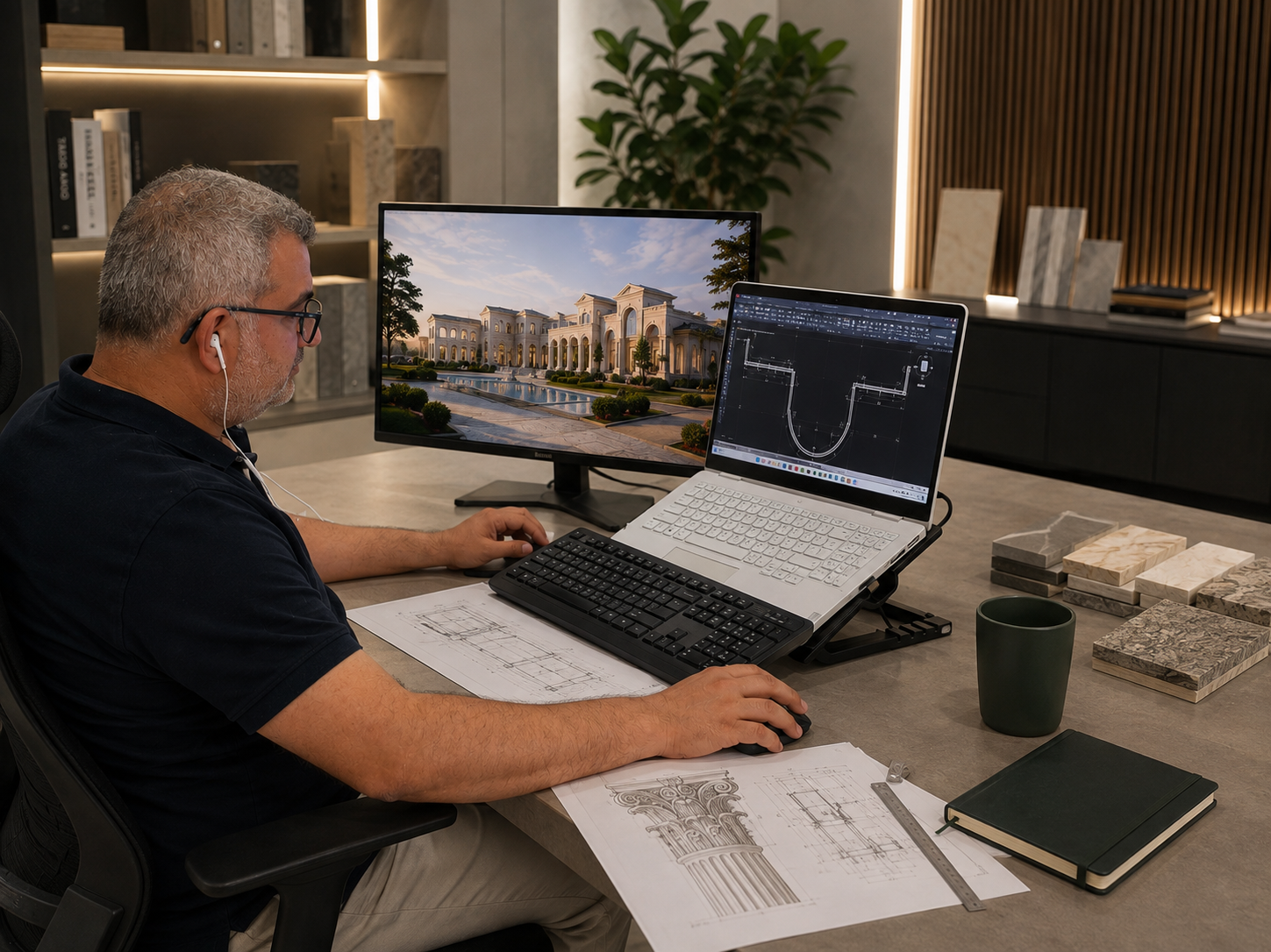 Man reviewing architectural blueprints at a desk with a design monitor.