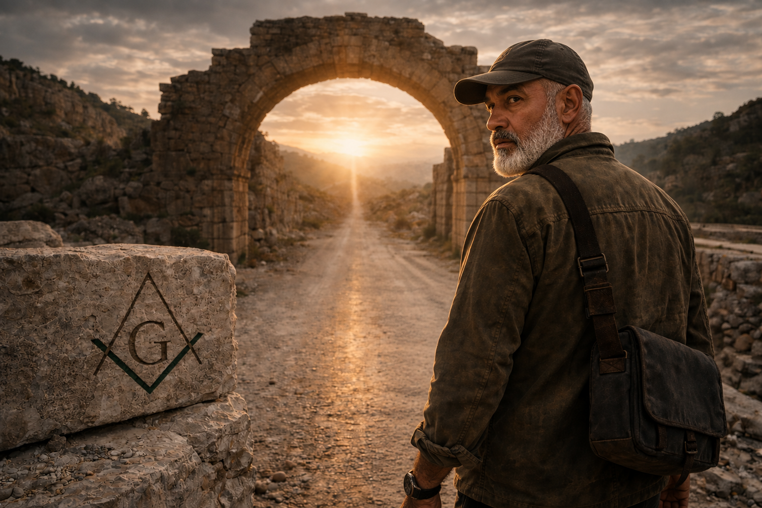 Man standing before an ancient stone archway and ruins at sunset.
