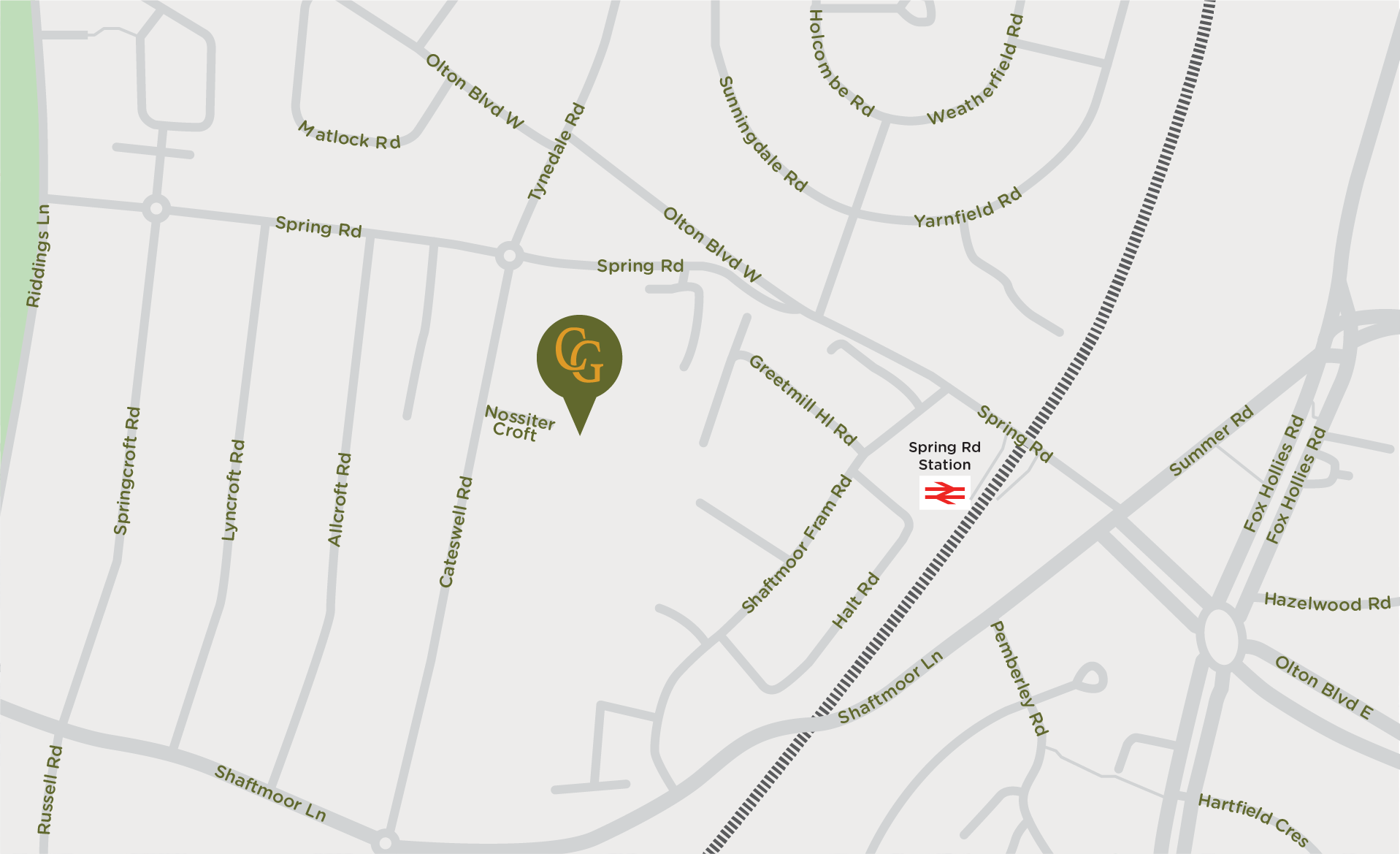 A map showing streets like Spring Road, Otton Blvd W, and Shaffmoor Ln, with a train station labeled "Spring Rd Station" and a monument marker labeled "CG" near Nossiter Croft.