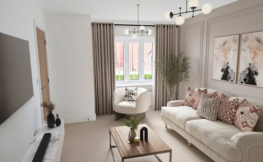 Living room with a white sofa, a white armchair, a wooden coffee table, beige curtains, artwork on the wall, a potted plant, a large window, and modern light fixtures.
