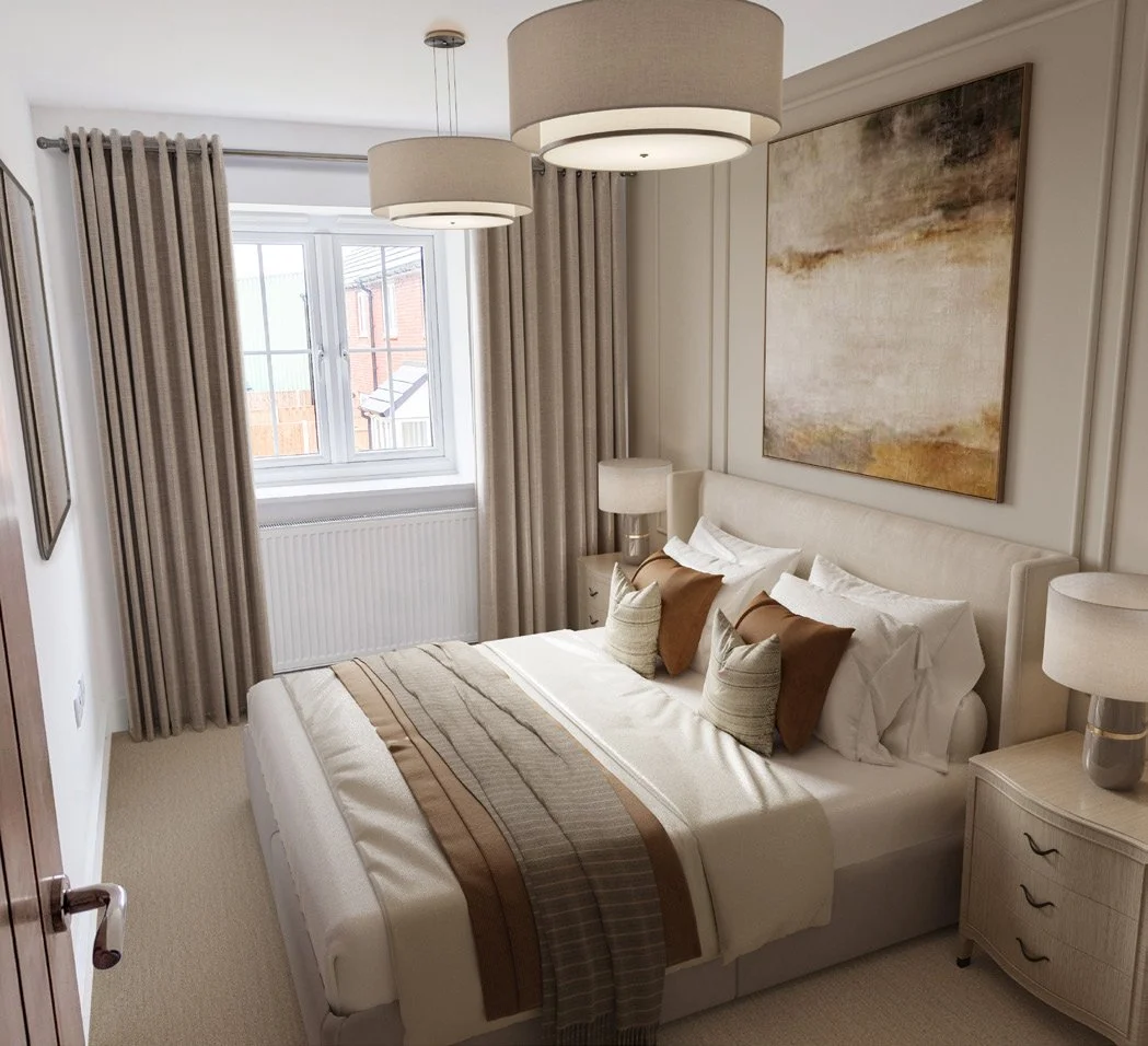 A bedroom with a large bed, beige bedding, and decorative pillows. Matching bedside tables with lamps, beige curtains, and a large abstract painting hanging above the bed. Window showing neighboring houses.
