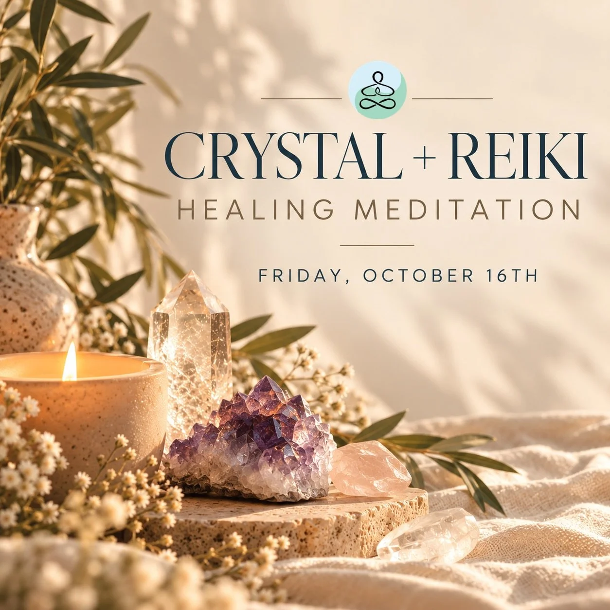 ✨ CRYSTAL + REIKI HEALING MEDITATION ✨

Join us Friday, October 16th for an evening of crystals, meditation, Reiki and rest. 💎

Come early and explore our Crystal Market beginning at 4:00 PM, then settle in at 4:45 PM for a deeply restorative guided