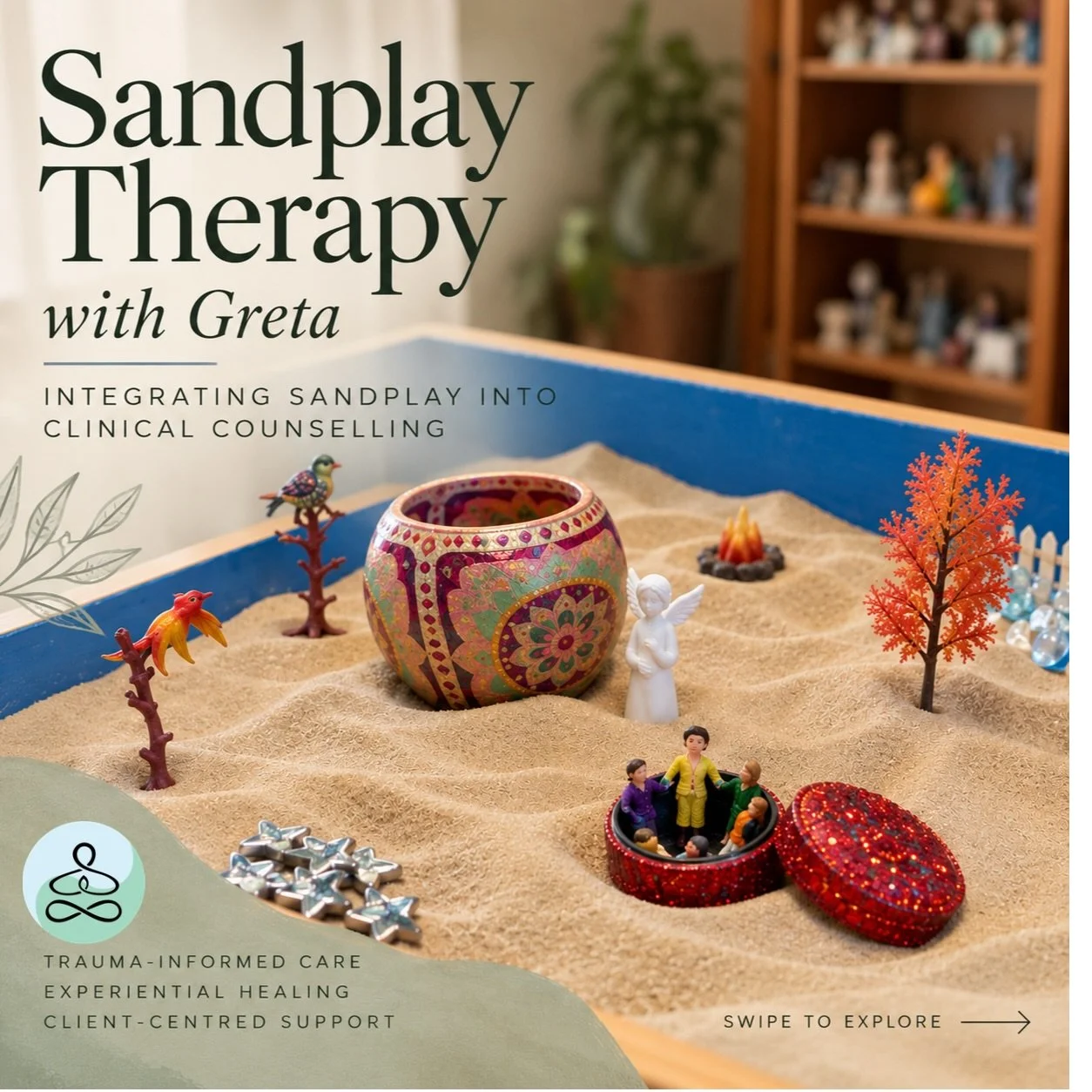 Sandplay therapy brings creativity and clinical counselling together in a way that allows us to explore our inner world a little differently. 🌿

Using sand, miniature figures, symbols and objects, Greta supports clients in exploring emotions, experi