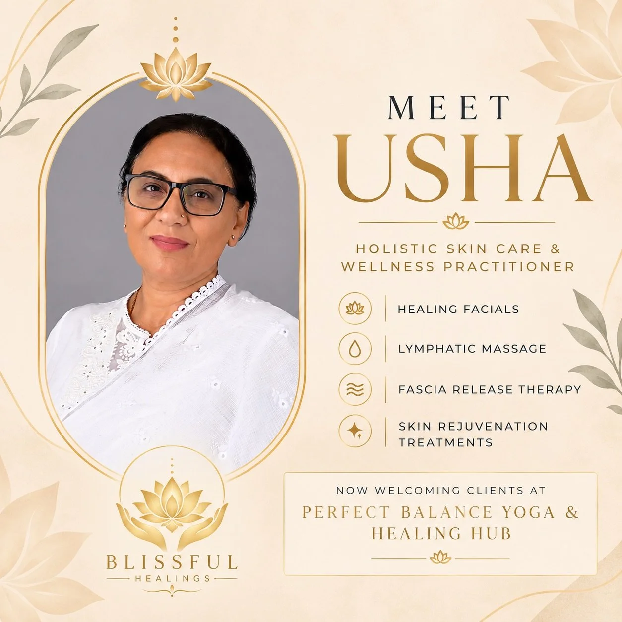 ✨ Meet Usha of Blissful Healings ✨

We&rsquo;re so excited to have Usha as part of the Perfect Balance Yoga &amp; Healing Hub community. 🤍

With over 30 years of experience in the medical spa and wellness industry, Usha brings together advanced skin