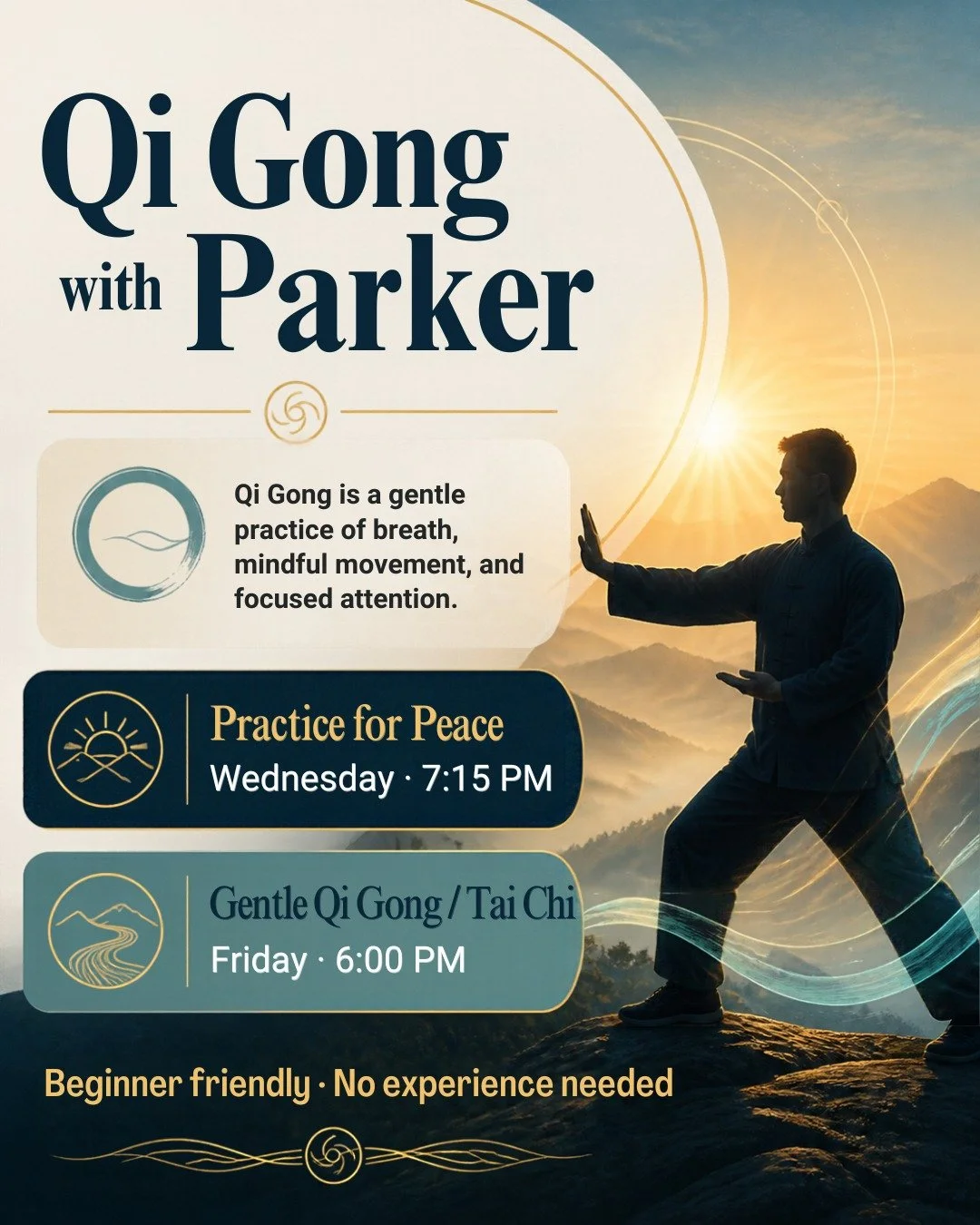 Did you know we also offer Qi Gong?

Qi Gong is a gentle movement practice with breath and mindful movement to support in joint health and longevity. It supports strengthening from the inside out and is a beautiful practice for those looking at incre