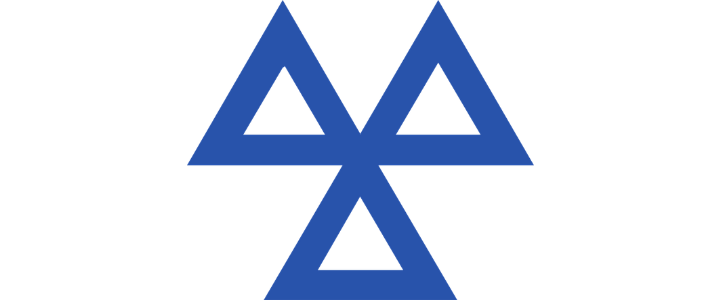 Black and blue geometric logo with triangles and lines.