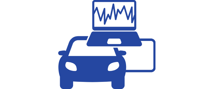 Icon of a car connected to a laptop displaying a heart rate graph, representing automotive health monitoring or vehicle diagnostics.