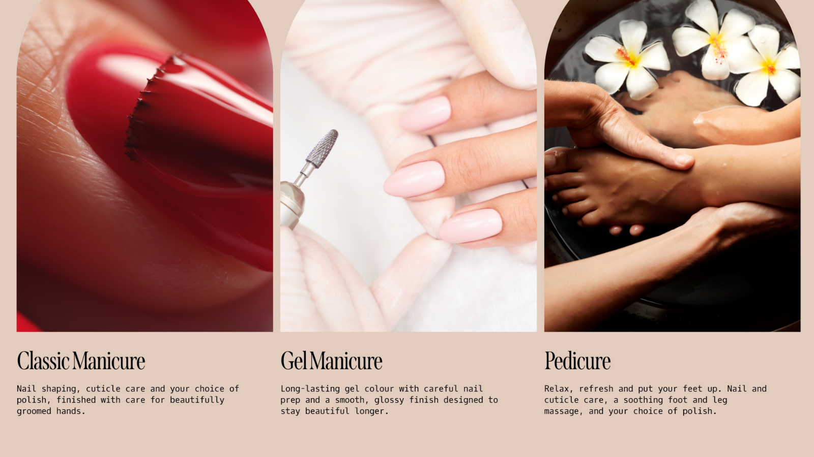 The Manicure Room services section featuring classic manicure, gel manicure and pedicure treatments.