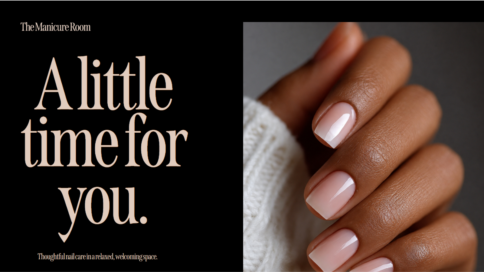The Manicure Room website hero featuring elegant typography and a close-up of a neutral manicure.
