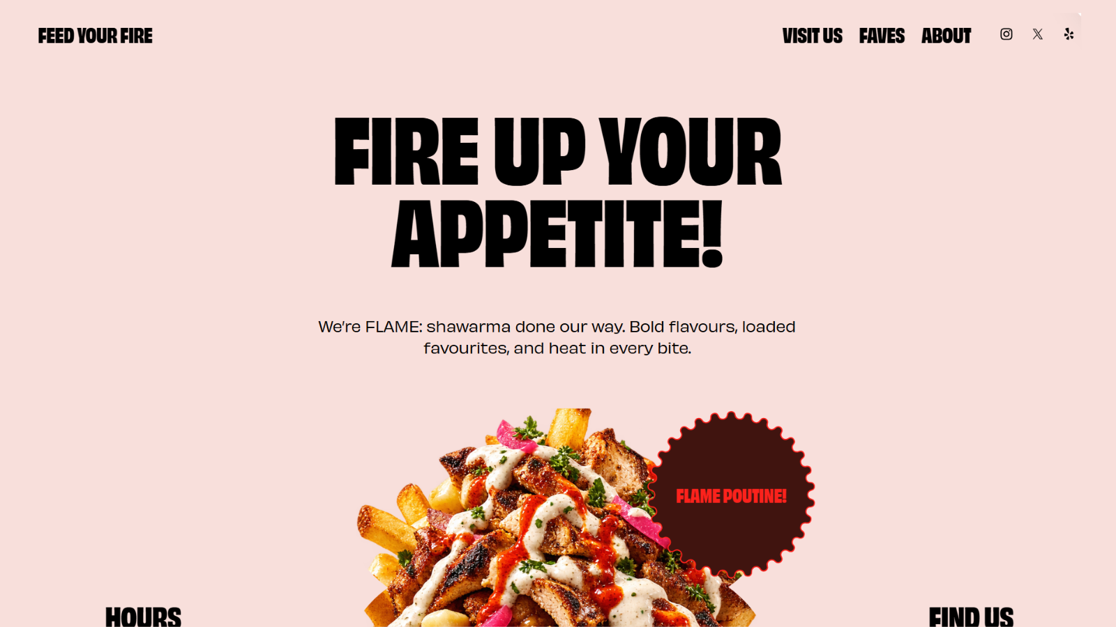 FLAME website contact section featuring shawarma poutine, business hours and location information.