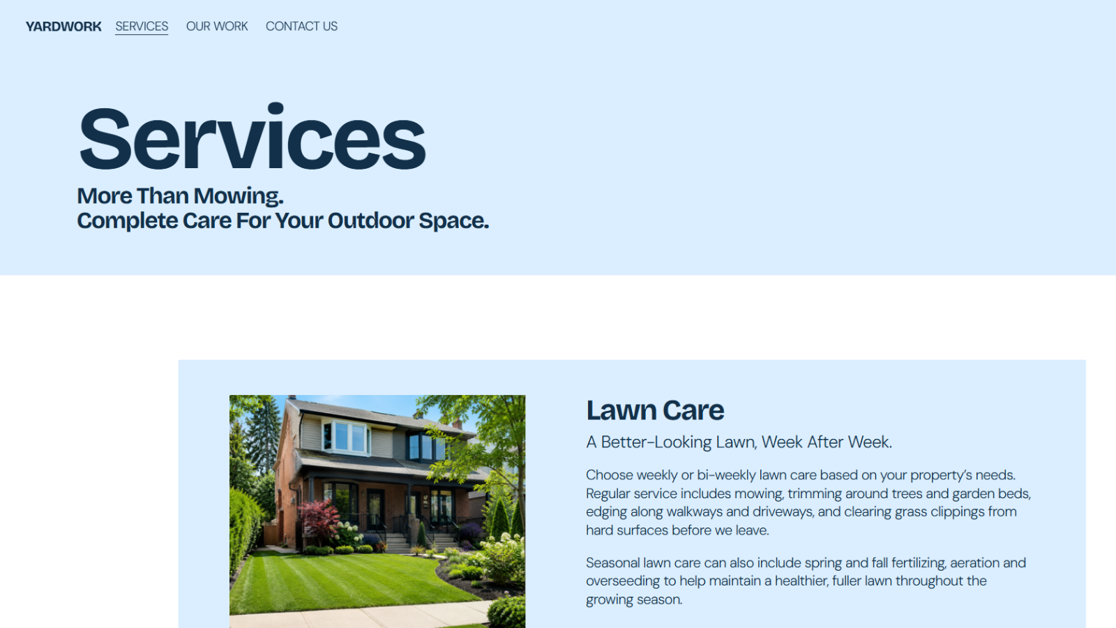 YARDWORK services page featuring professional lawn care and residential landscaping.