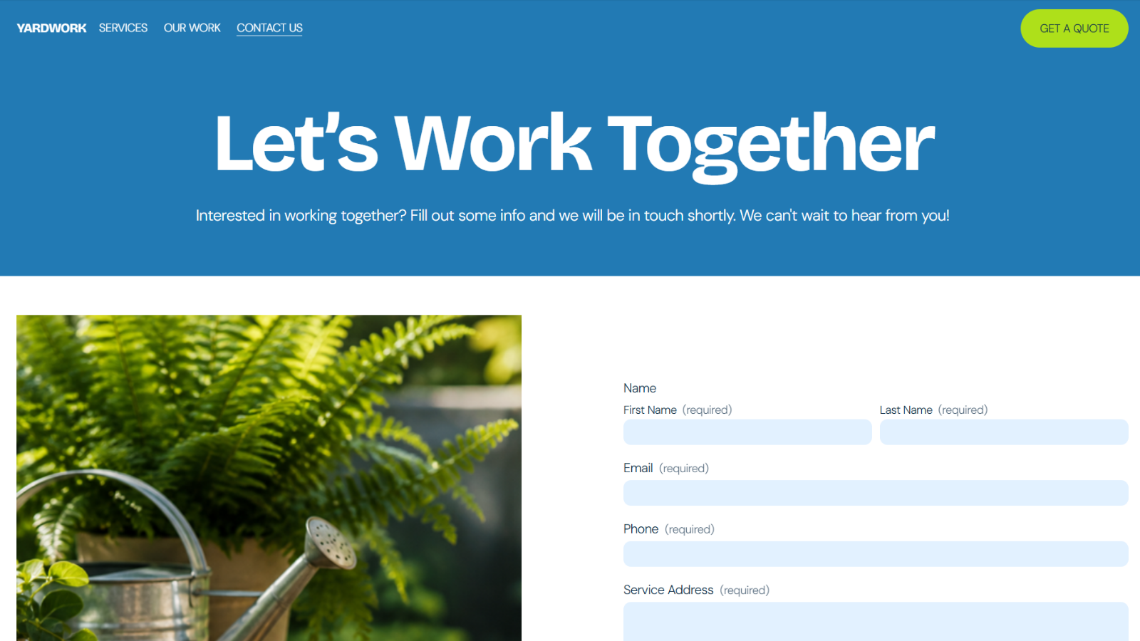 YARDWORK contact page featuring a landscaping image and online quote request form.