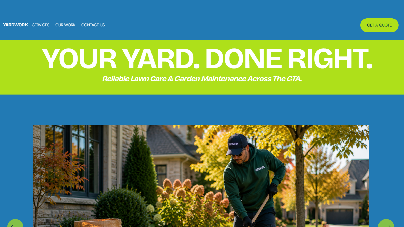 YARDWORK lawn care and garden maintenance concept website featuring a landscaper working in a residential garden.”
