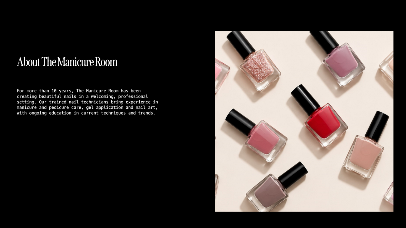 The Manicure Room about section featuring an assortment of nail polish colours.