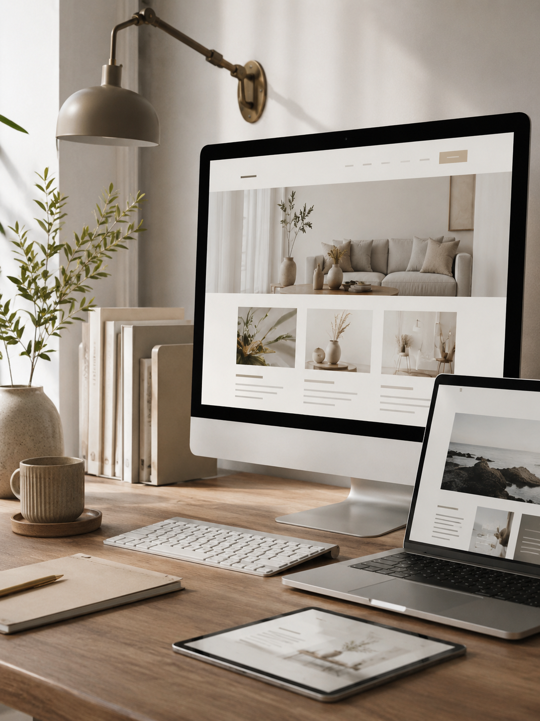 Desktop computer displaying a custom website in a modern workspace, representing a more comprehensive online presence.