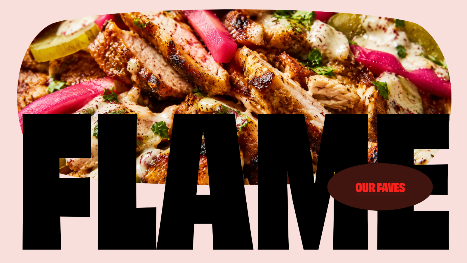 FLAME shawarma concept website featuring grilled chicken, pickled vegetables and bold graphic typography