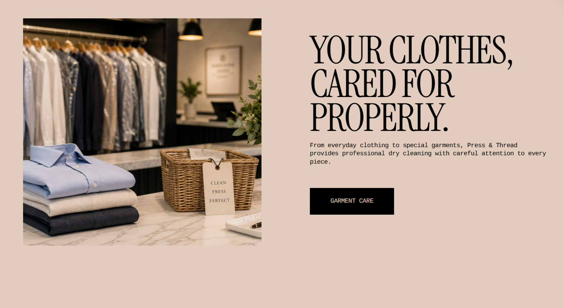 Press & Thread garment care section featuring neatly folded shirts and a professional dry cleaning counter.