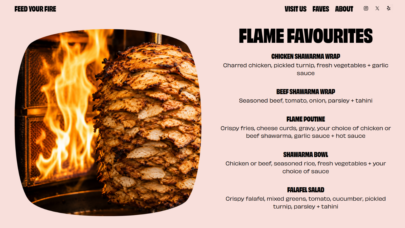 FLAME Favourites menu section featuring chicken shawarma roasting beside an open flame.