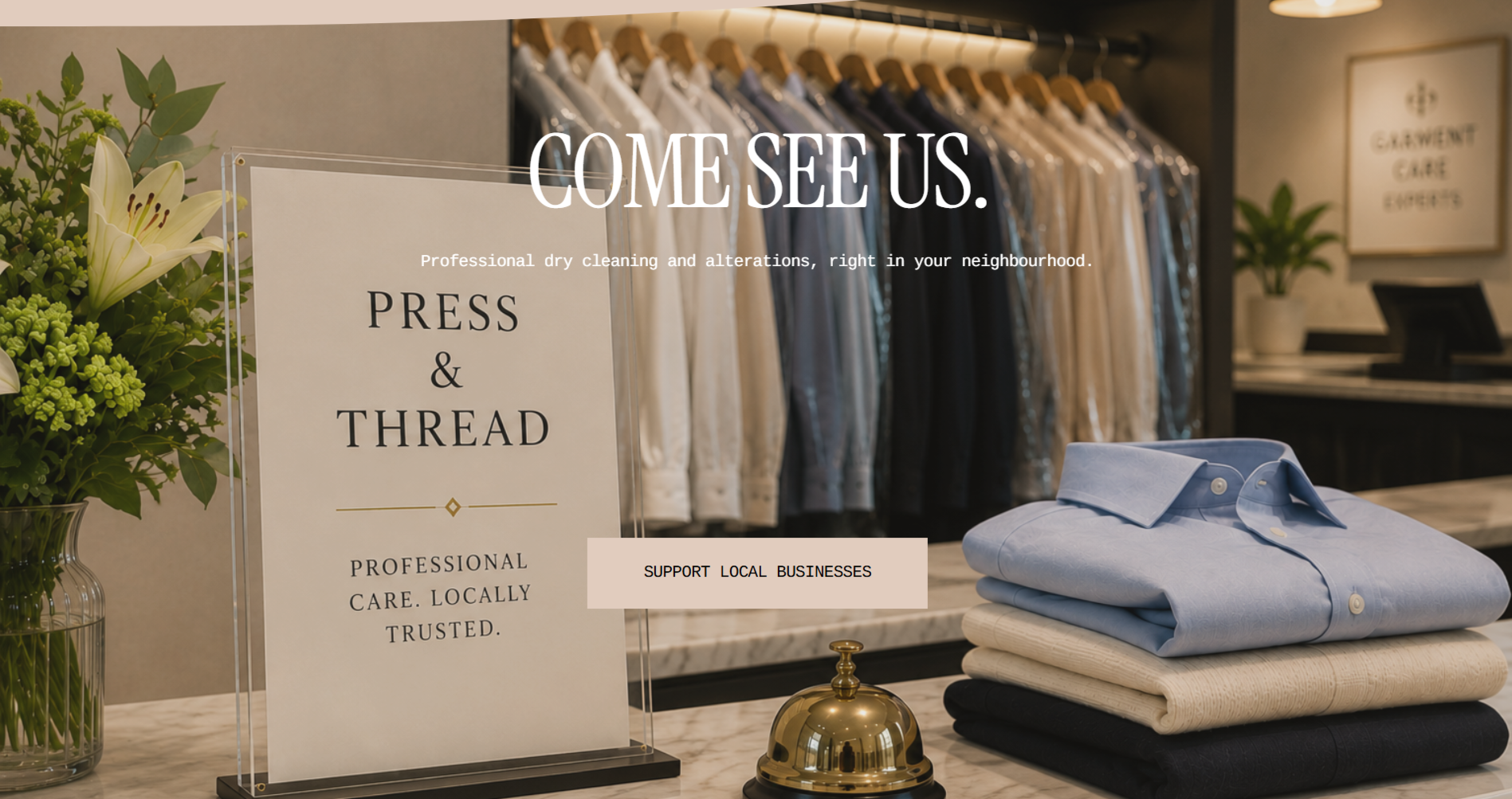 Press & Thread visit section featuring neatly folded shirts and the dry cleaning shop interior.
