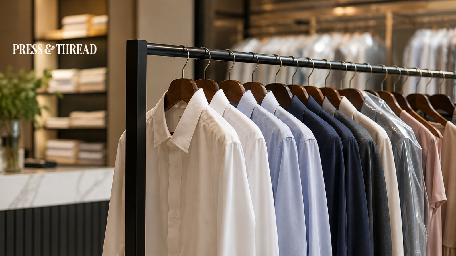 Press & Thread dry cleaning and alterations concept website featuring freshly pressed dress shirts in a modern shop.