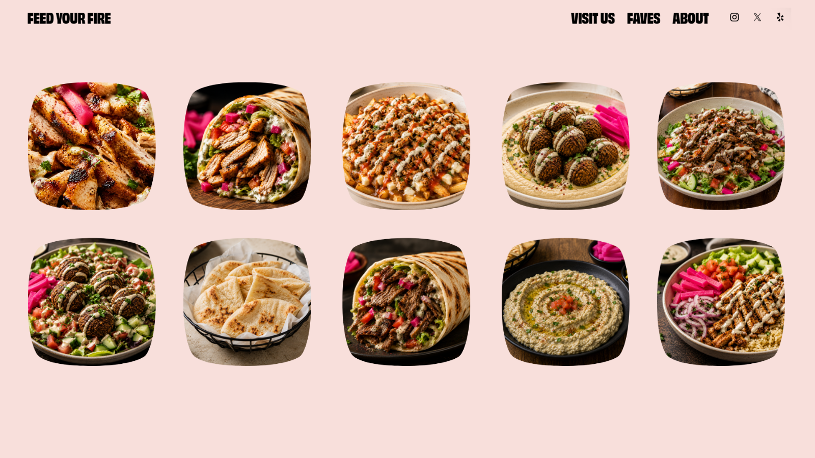 FLAME gallery section featuring a colourful collection of shawarma, falafel, hummus, salads and pita.