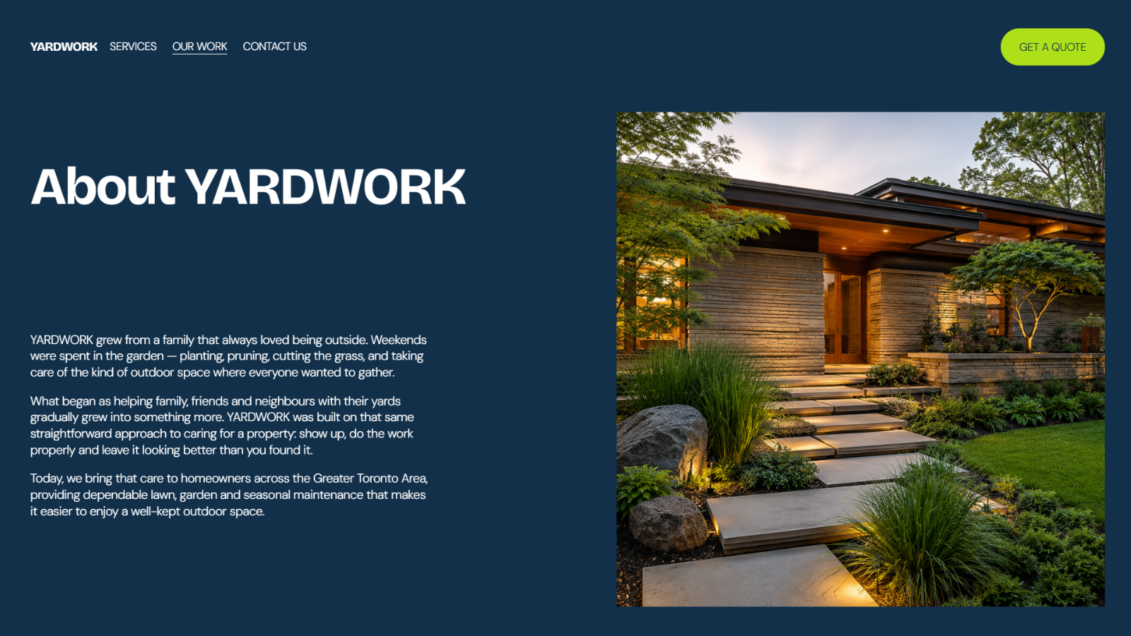 YARDWORK about page featuring a professionally landscaped modern home and garden.