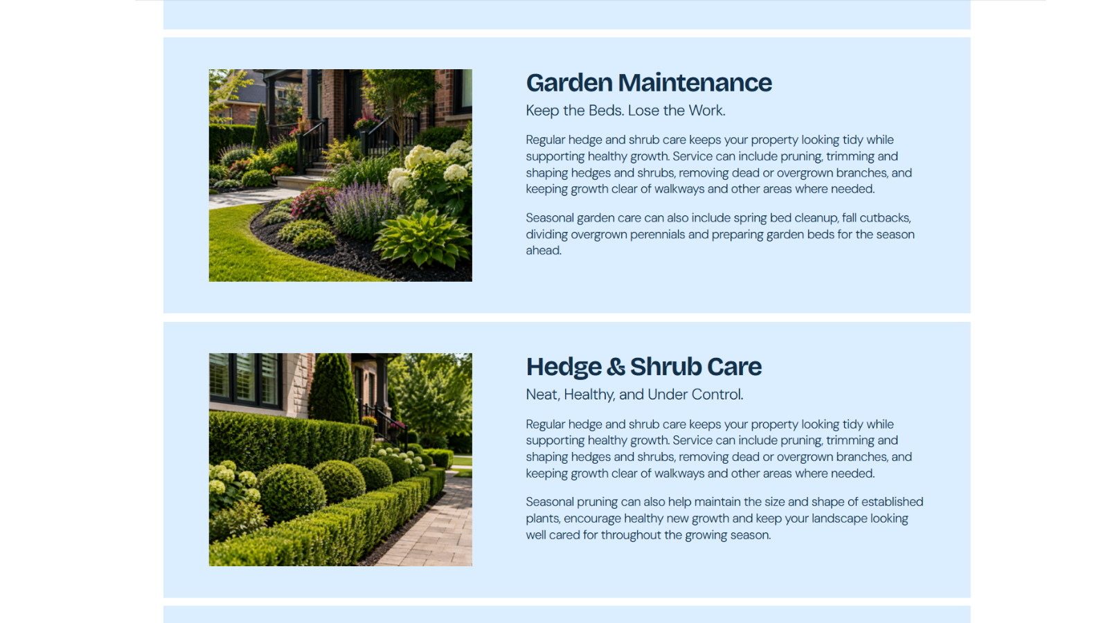 YARDWORK services page featuring garden maintenance and hedge and shrub care.