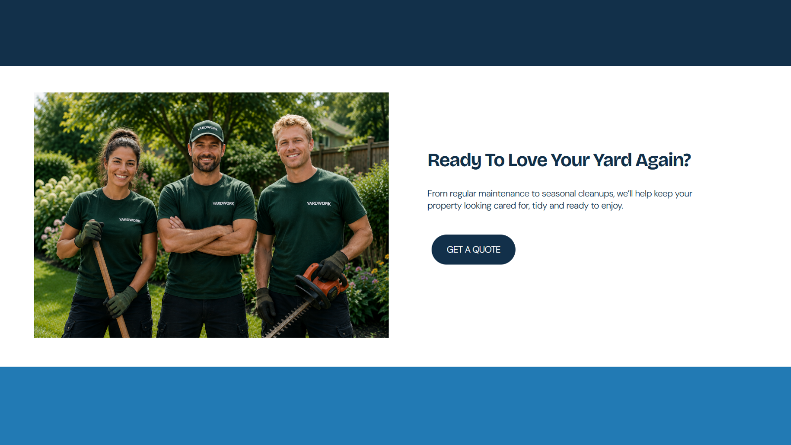 YARDWORK team section featuring three lawn care professionals ready to help with residential yard maintenance.