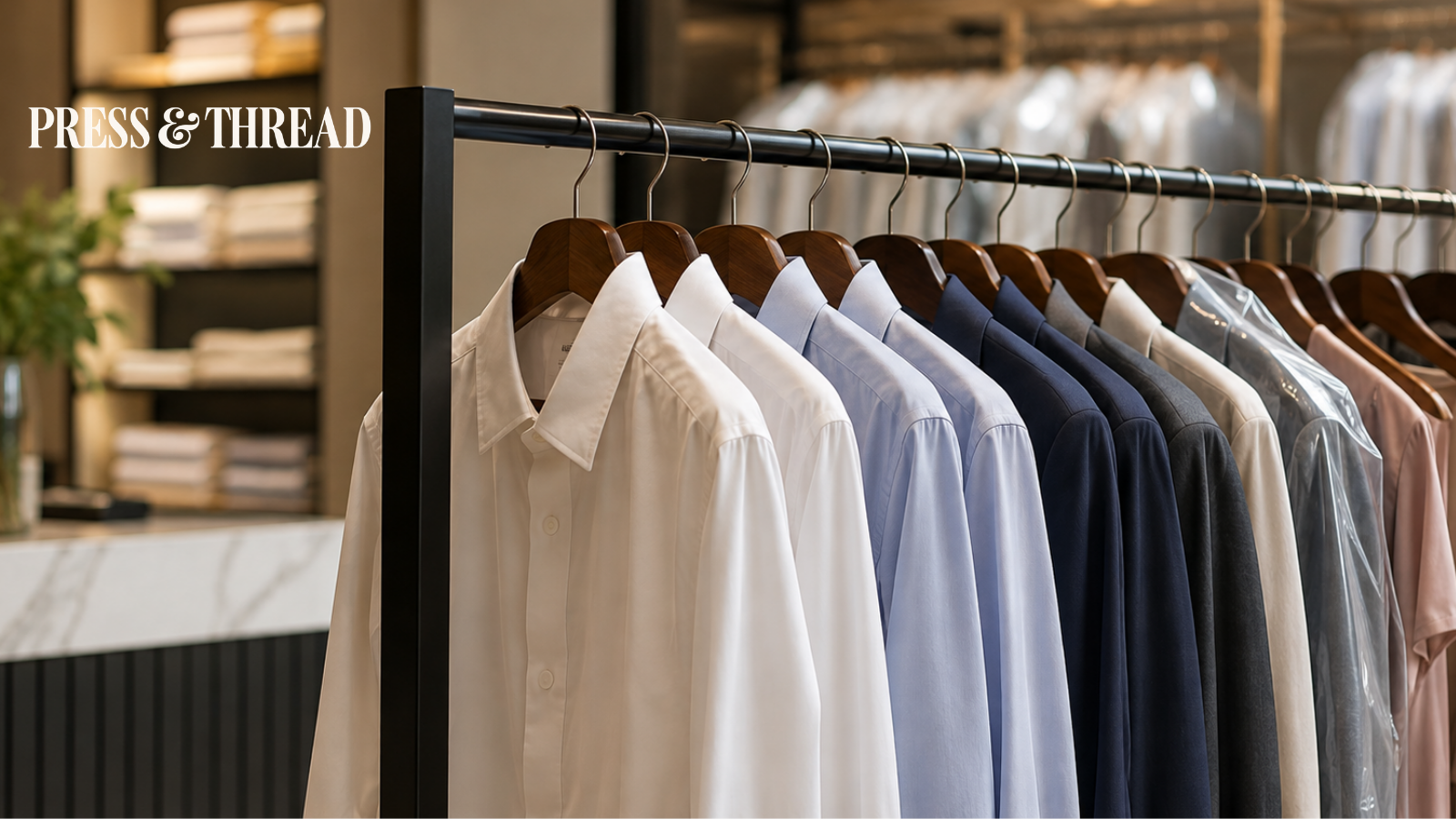 Press & Thread website hero featuring freshly pressed dress shirts displayed on a clothing rack.