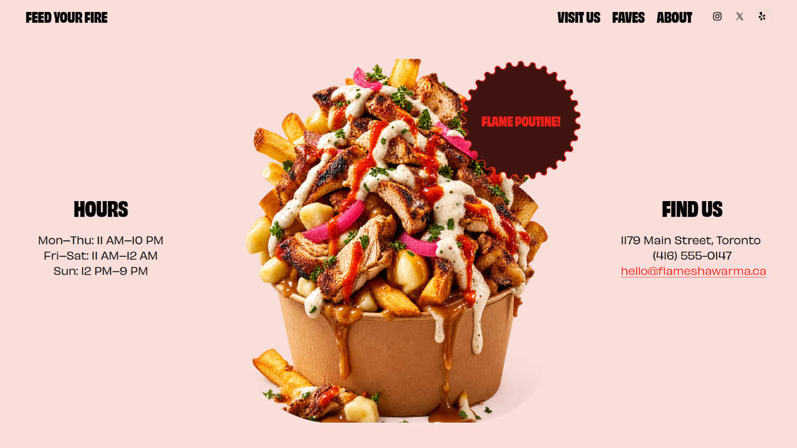 FLAME website location section featuring shawarma poutine alongside business hours and contact information.