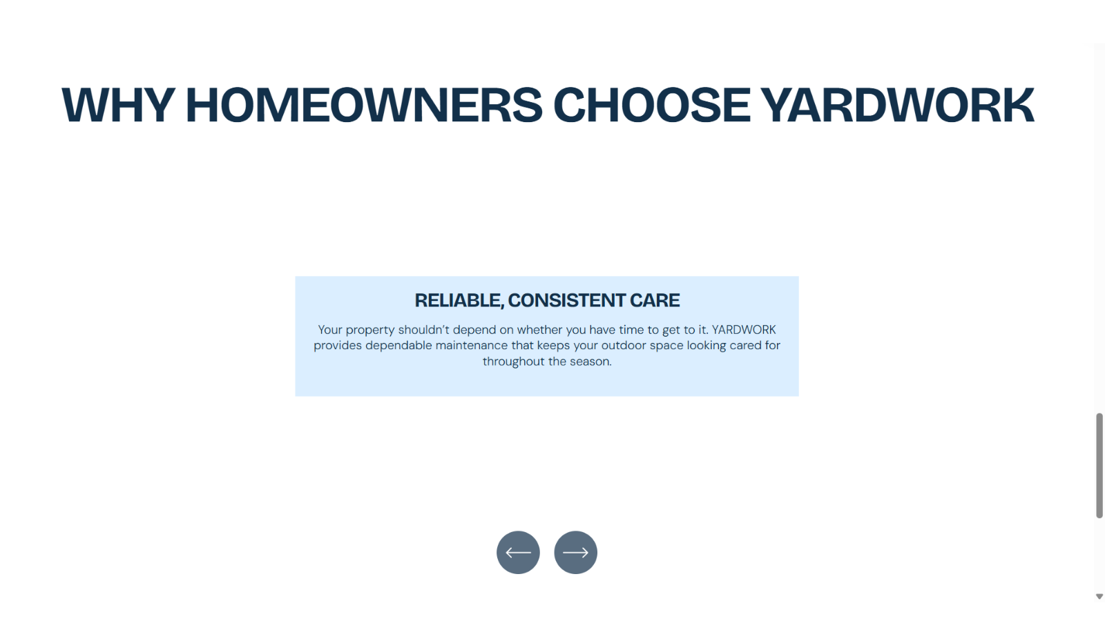 YARDWORK benefits section highlighting reliable, consistent lawn and garden care for homeowners.